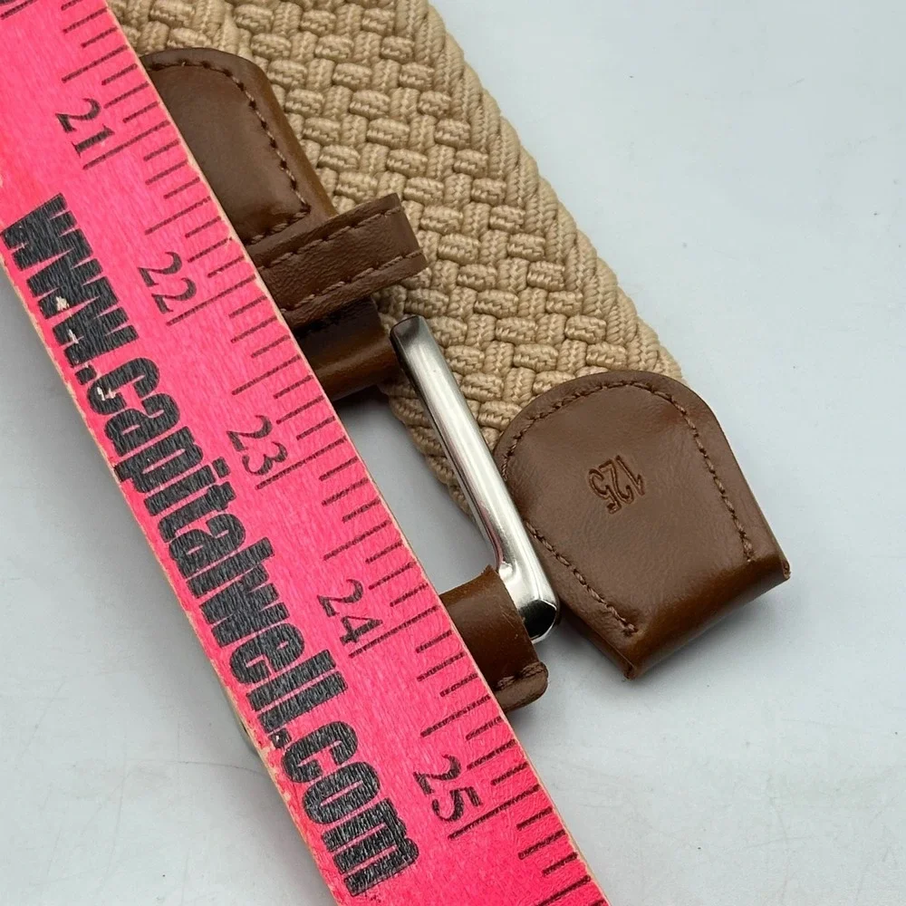 Tan Braided Elastic Stretch Belt Brown Faux Leather Trim Bull Logo Sz 125cm XL
